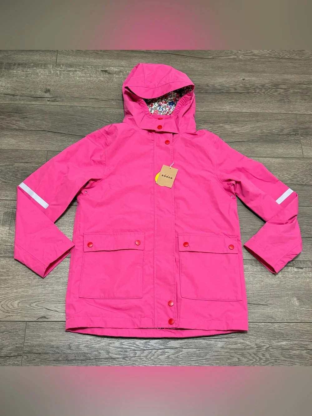 Mini Boden Girls Waterproof Fisherman's Hooded Pink Floral Jacket Sz 11-12 NWT